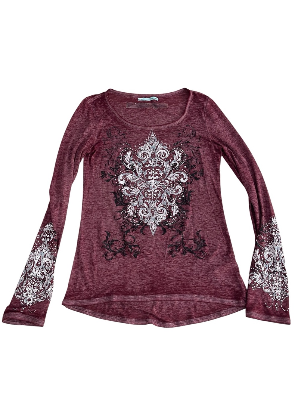 Women’s Long Sleeve Scoop Neck Top in Burgundy with Scroll Print Maurice’s XS